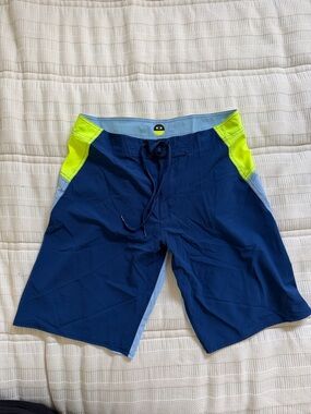 Oakley Navy and Neon Yellow Men's Board Shorts
